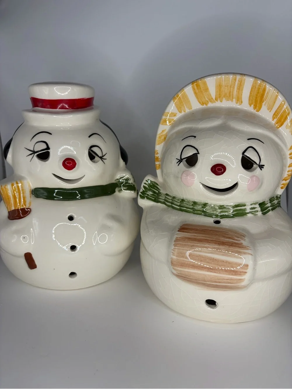 Vintage ceramic Mr. and Mrs. Snowman Candle/ Light Cover Set